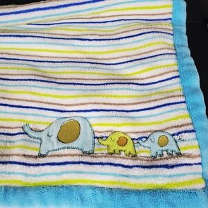 ABSORBA Fleece Baby Blanket Blue Trim Green Blue Brown Stripe Elephants Applique